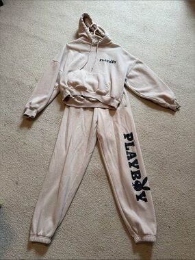 PLAYBOY Beige Cropped Hoodie and Joggers Set with Black Logo